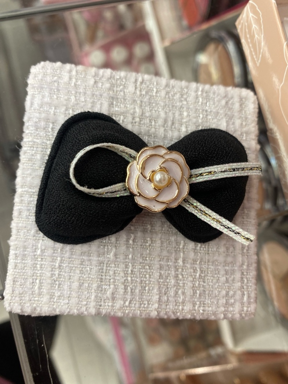 White and Black Bow Compact Purse Mirror Enamel Flower Accent